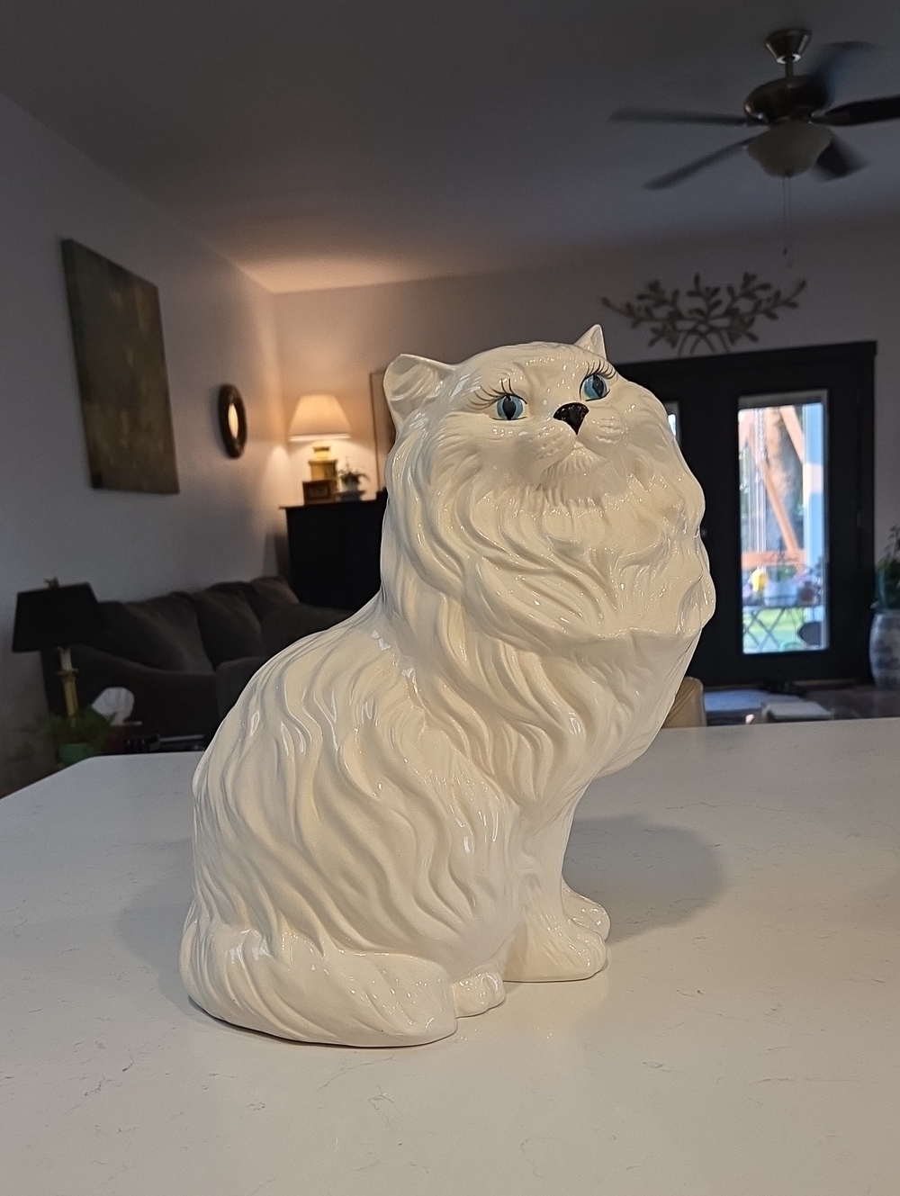 White Ceramic 14 Inch Life Size Persian Longhair Cat Figurine